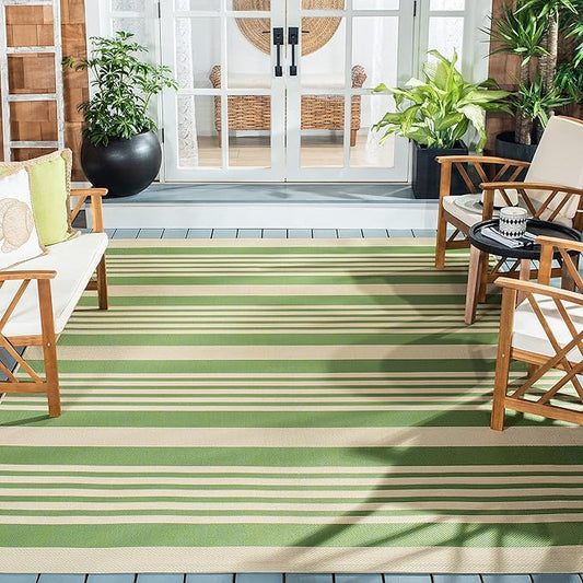 SAFAVIEH Courtyard Collection 7'10" Square Green/Beige CY6062 Stripe Indoor/ Outdoor-Waterproof Easy-Cleaning Patio Backyard Mudroom Area-Rug
