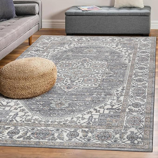 Vintage Area Rug, 6x9 Washable Rugs for Living Room Bedroom Indoor Throw Rug, Distressed Boho Country Accent Rugs, Thin Low-Pile Floor Carpet for Kids Pet (Brown)