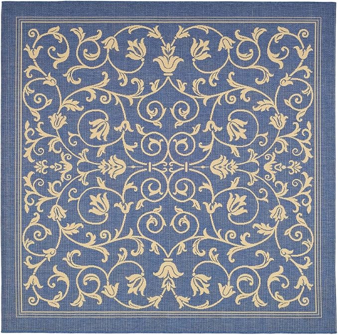 SAFAVIEH Courtyard Collection Area Rug - 7'1 Square, Blue & Natural, Scroll Design, Non-Shedding & Easy Care, Indoor/Outdoor & Washable-Ideal for Patio, Backyard, Mudroom (CY2098-3103)