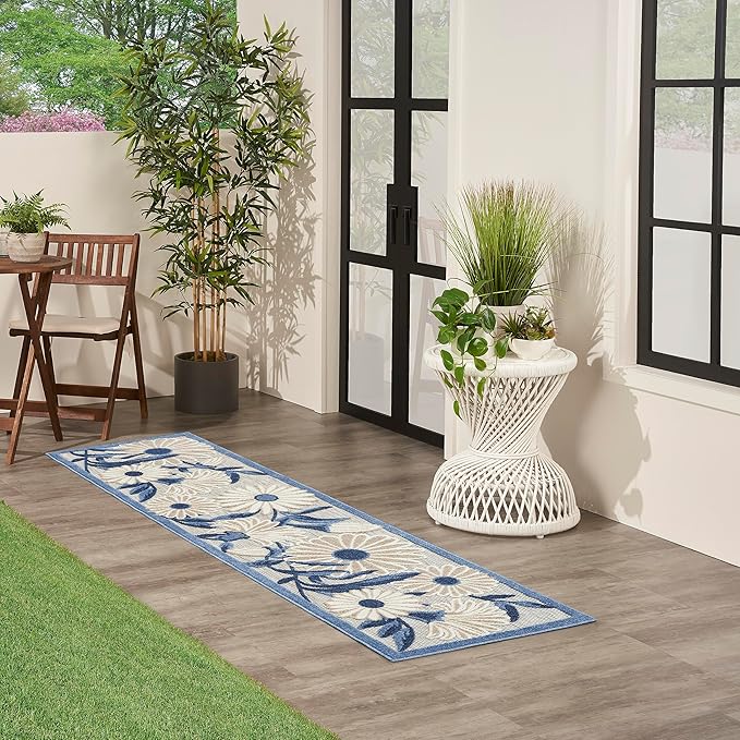 Nourison Aloha Outdoor Blue Grey 2'3" x 8' Area Rug, Easy Cleaning, Non Shedding, Bed Room, Living Room, Dining Room, Deck, Backyard, Patio (2x8)
