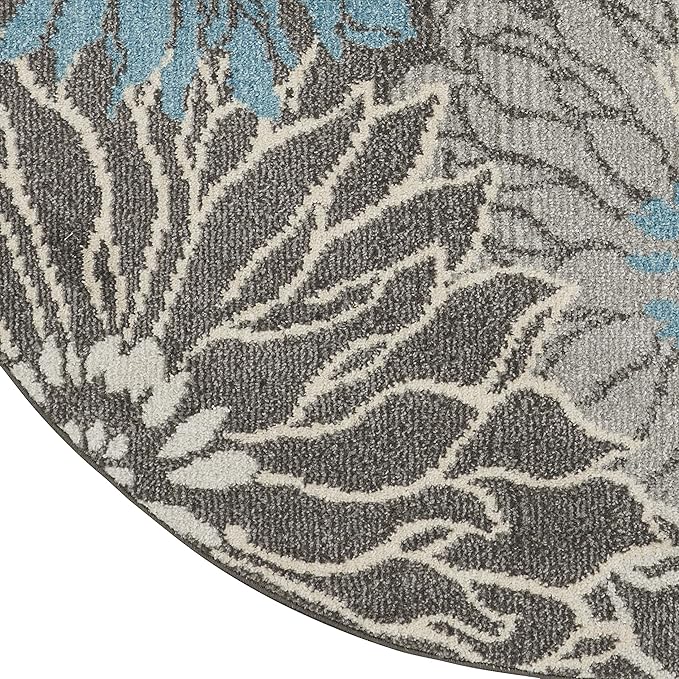 Nourison Passion Charcoal/Blue 4' x Round Area Rug, Floral, Farmhouse, Easy Cleaning, Non Shedding, Bed Room, Living Room, Dining Room, Kitchen, (4' Round)