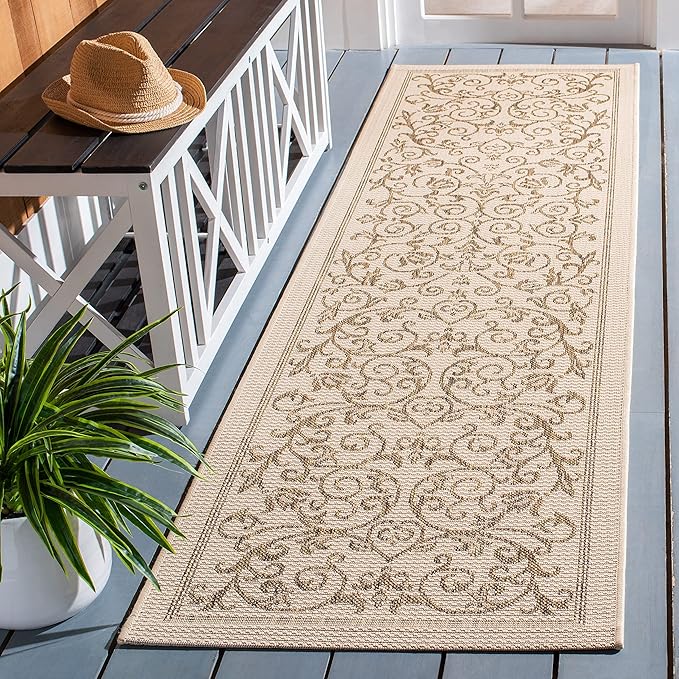 SAFAVIEH Courtyard Collection Runner Rug - 2'3" x 12', Natural & Brown, Scroll Design, Non-Shedding & Easy Care, Indoor/Outdoor & Washable-Ideal for Patio, Backyard, Mudroom (CY2098-3001)