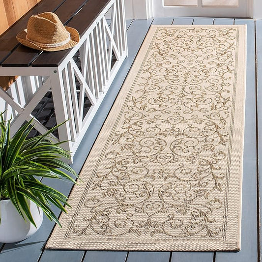 SAFAVIEH Courtyard Collection Runner Rug - 2'3" x 12', Natural & Brown, Scroll Design, Non-Shedding & Easy Care, Indoor/Outdoor & Washable-Ideal for Patio, Backyard, Mudroom (CY2098-3001)