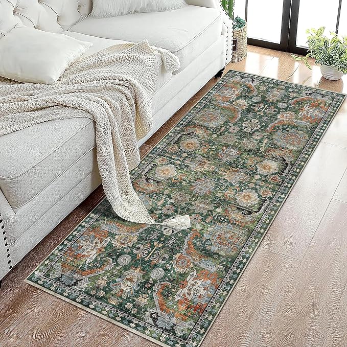 Washable Area Rugs - Perfect for Living Room, Bedroom, Kids Room, Nursery - Stain & Water Resistant Non-Slip, Pet & Child Friendly, Vintage Tribal Area Rugs (Green, 2'6'' x 8')