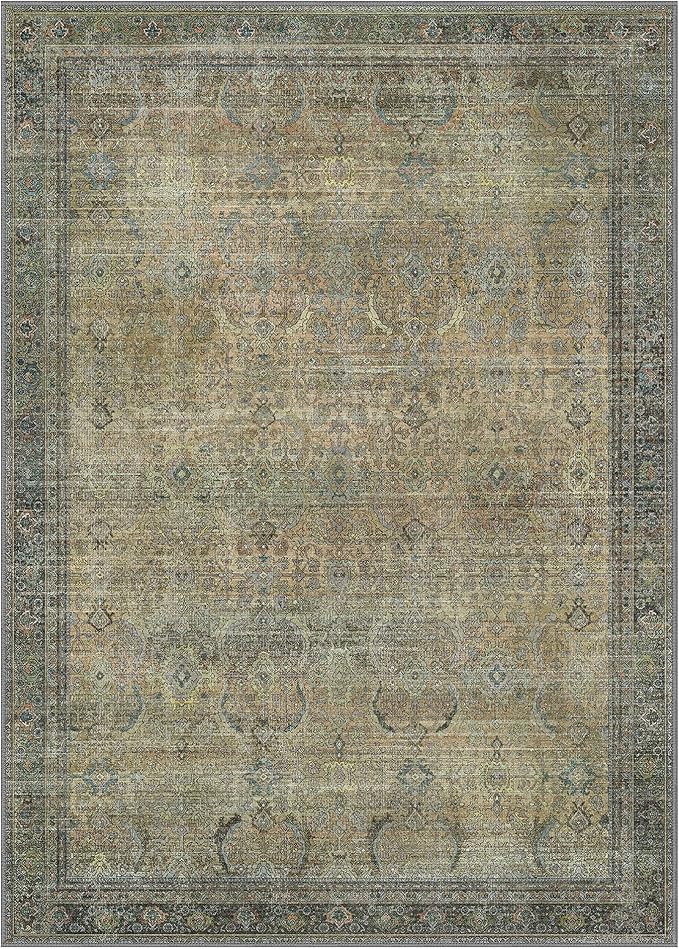 8X10 Area Rugs Machine Washable Rugs for Living Room, Vintage Boho Large Rugs for Bedroom Dining Room, Non Slip Indoor Soft Distressed Lightweight Thin Low Pile Carpet, Vintage Sunset