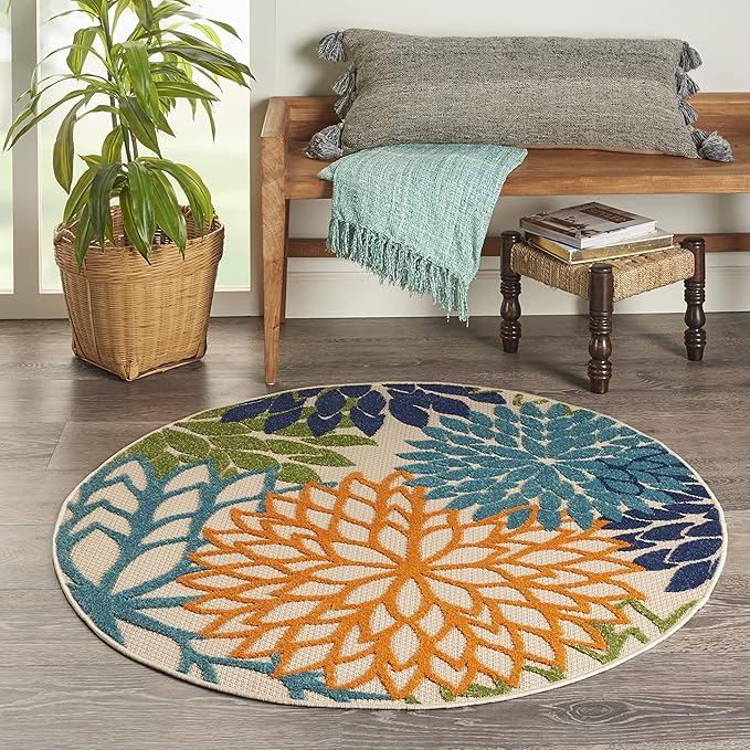 Nourison Aloha Indoor/Outdoor Multicolor 4' x Round Area Rug, Tropical, Botanical, Easy Cleaning, Non Shedding, Bed Room, Living Room, Dining Room, Deck, Backyard, Patio (4 Round)
