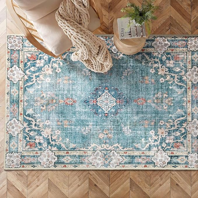 MUJOO Boho Rug 3'x5' Machine Washable Teal Small Area Rugs for Entryway Bedroom Bedside Kitchen Hallway Living Room Laundry Room Indoor Mat Soft Low-Pile Blue Floral Non Slip
