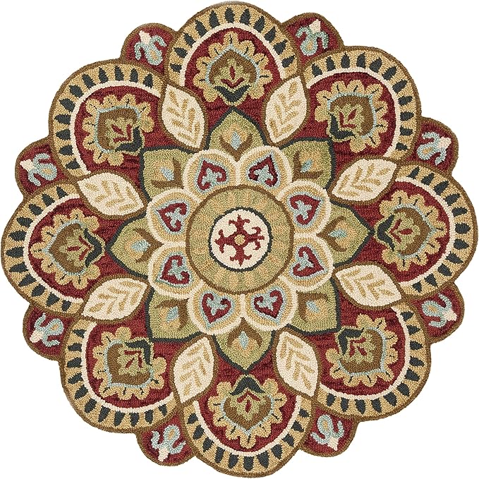 SAFAVIEH Novelty Collection Area Rug - 5' Round, Red & Taupe, Handmade Boho Floral Rustic Country Wool, Ideal for High Traffic Areas in Living Room, Bedroom (NOV604Q)