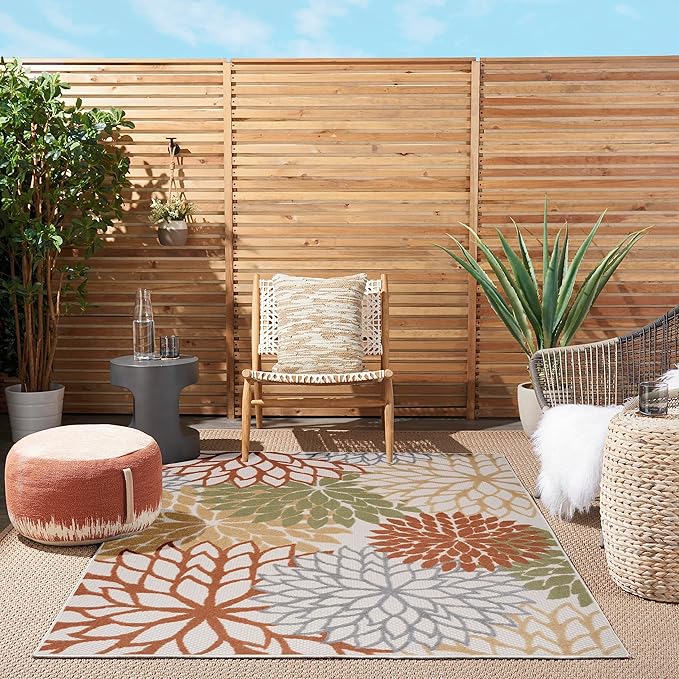 Nourison Aloha Indoor-Outdoor Ivory Multicolor 5'3" x 7'5" Area Rug, Easy Cleaning, Non Shedding, Bed Room, Living Room, Dining Room, Backyard, Deck, Patio (5x7)