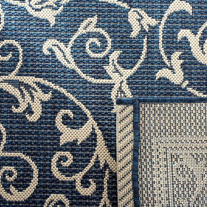 SAFAVIEH Courtyard Collection 6'7" Square Navy/Beige CY2098 Scroll Indoor/ Outdoor Waterproof Easy-Cleaning Patio Backyard Mudroom Area-Rug
