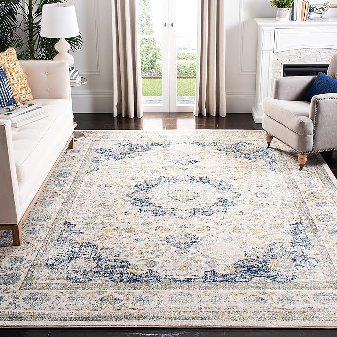 SAFAVIEH Evoke Collection X-Large Area Rug - 11' x 15', Ivory & Blue, Shabby Chic Oriental Medallion Design, Non-Shedding & Easy Care, Ideal for High Traffic Areas in Living Room, Bedroom (EVK220C)