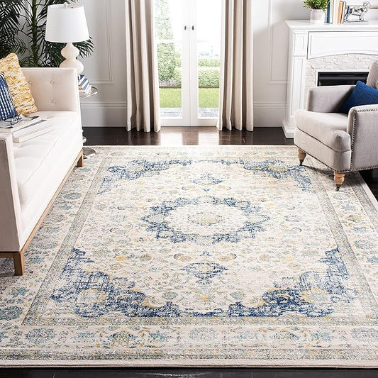 SAFAVIEH Evoke Collection X-Large Area Rug - 11' x 15', Ivory & Blue, Shabby Chic Oriental Medallion Design, Non-Shedding & Easy Care, Ideal for High Traffic Areas in Living Room, Bedroom (EVK220C)