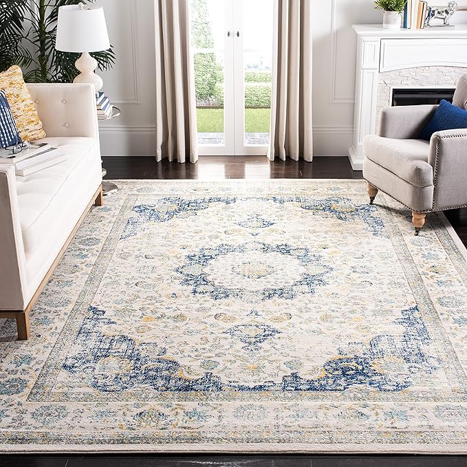 SAFAVIEH Evoke Collection Area Rug - 10' x 14', Ivory & Blue, Shabby Chic Oriental Medallion Design, Non-Shedding & Easy Care, Ideal for High Traffic Areas in Living Room, Bedroom (EVK220C)
