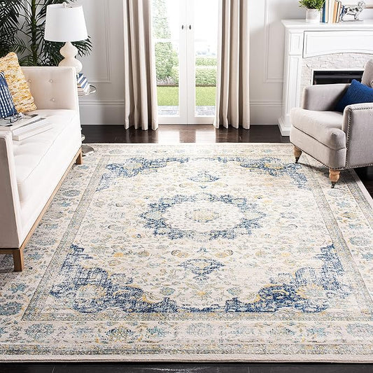 SAFAVIEH Evoke Collection X-Large Area Rug - 12' x 18', Ivory & Blue, Shabby Chic Oriental Medallion Design, Non-Shedding & Easy Care, Ideal for High Traffic Areas in Living Room, Bedroom (EVK220C)