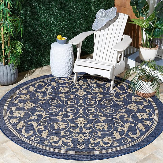SAFAVIEH Courtyard Collection Area Rug - 6'7" Round, Navy & Beige, Scroll Design, Non-Shedding & Easy Care, Indoor/Outdoor & Washable-Ideal for Patio, Backyard, Mudroom (CY2098-268)
