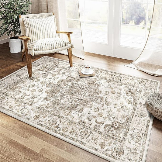3x5 Washable Neutral Area Rug Brown Entryway Kitchen Non-Slip Low Pile Floral Carpet Vintage Soft Thin Throw Rug for Entrance Bathroom Indoor Door Mat Dorm Dining Room