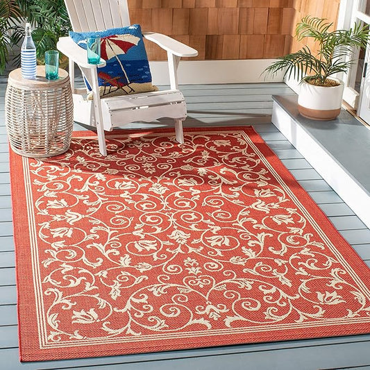 SAFAVIEH Courtyard Collection Accent Rug - 2'7" x 5', Red & Natural, Scroll Design, Non-Shedding & Easy Care, Indoor/Outdoor & Washable-Ideal for Patio, Backyard, Mudroom (CY2098-3707)