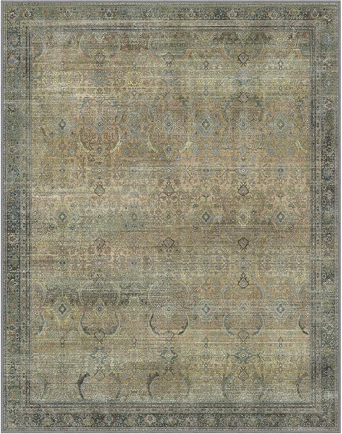 10X12 Area Rugs Machine Washable Rugs for Living Room, Vintage Boho Large Rugs for Bedroom Dining Room, Non Slip Indoor Soft Distressed Lightweight Thin Low Pile Carpet, Vintage Sunset