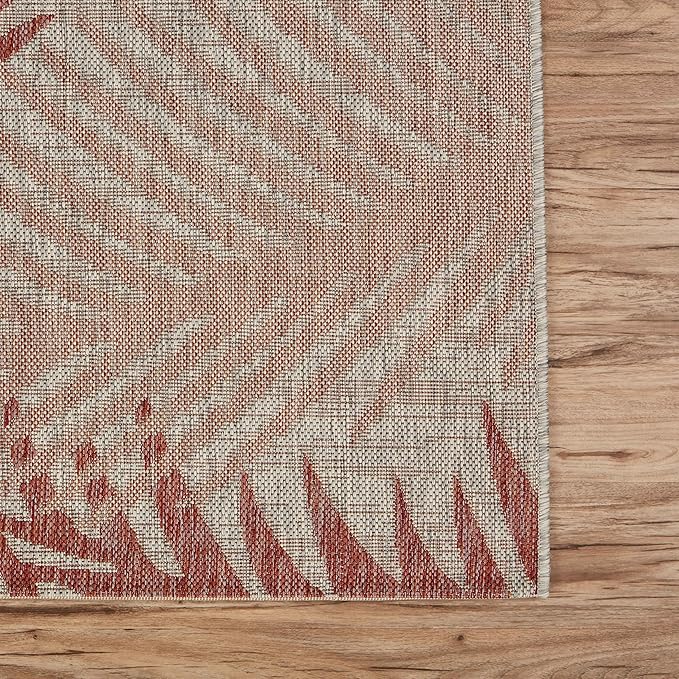 LR Home 5 x 7 Indoor/Outdoor Area Rug for Home Decor | Coastal Palm Leaf Carpet for Living Room, Bedroom, playroom, Patio, Garden | Modern Farmhouse Rug | Red/Beige