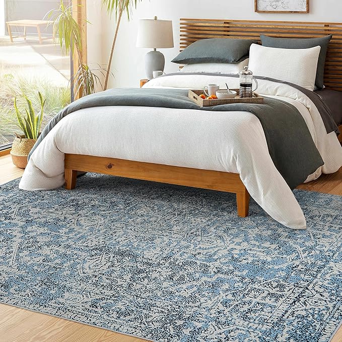 Morebes Vintage Blue 5x7 Rugs for Living Room, Washable Large Bedroom Area Rug with Non Slip Rubber Backed, Stain Resistant Low Pile Soft Indoor Carpet for Dining Room Office Kitchen