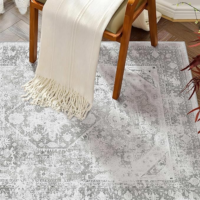 MUJOO Grey Rug Washable Small Entryway Rug Boho Bathroom Rugs for Bedroom Non Slip Throw Carpet Gray Entry Area Rug for Front Door Laundry Room Soft Floral Indoor Home Decor 2'x3'