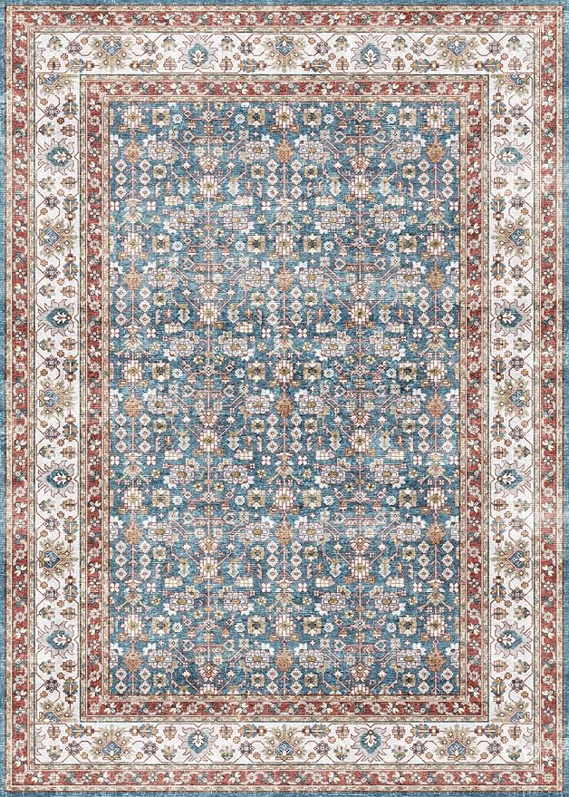 Dripex 5x7 Area Rugs, Machine Washable Non Slip Distressed Boho Rugs, No Pile Lightweight Vintage Rug, Floor Carpet for Living Room,Dining Room,Bedroom and Office,Blue and Red