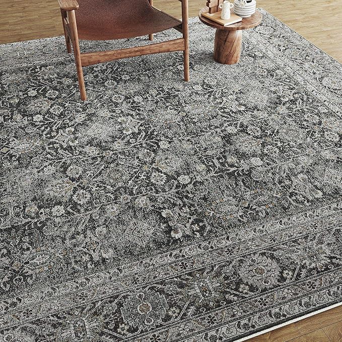 Vintage Area Rug 4x6 Black Entryway Office Washable Carpet Non Slip Bedroom Indoor Living Room Door Mat Low Pile Traditional Distressed Retro Accent Rug for Dining Room Bathroom Kitchen