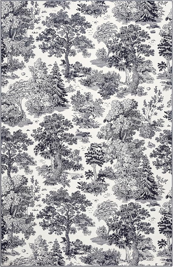 Vintage Forest Rug Washable, Black White Aesthetic Nature Woodland Living Room Rug, Country Rustic Neutral Cool Plants Botanical 5x7 Area Rugs Accent Carpet for Kitchen Dining Room Entryway