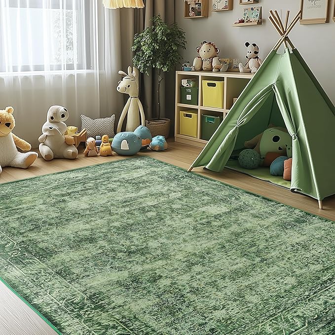 5x7 ft Washable Area Rug - Non-Slip Soft Boho Indoor/Outdoor Rug for Living Room, Bedroom, Office, Kitchen, Patio, Entryway & Kids Room - Green, Stylish & Comfortable