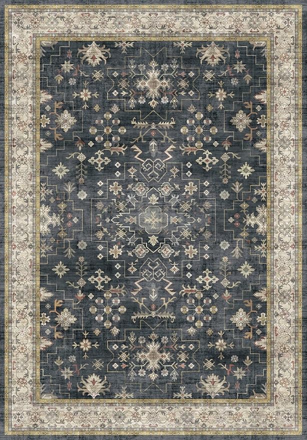 Black Farmhouse Washable 7x10 Area Rugs for Living Room, Bedroom, Dining Room Table, Dark Charcoal Stain Resistant Non-Slip Large Washable