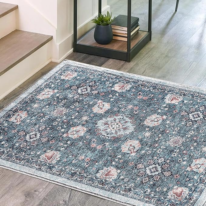2x3 Area Rugs Washable Boho Rug, Non Slip Carpet for Living Room, Bedroom, Kitchen, Soft Low-Pile, Indigo/Floral