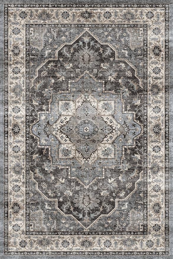 Dripex 4x6 Area Rugs, Machine Washable Non Slip Boho Rugs,Distressed Bedroom Rug, No Pile Lightweight Vintage Rug, Floor Carpet for Living Room,Dining Room and Office,Dark Blue and Green