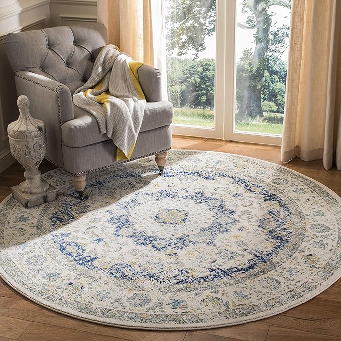 SAFAVIEH Evoke Collection Area Rug - 9' Round, Ivory & Blue, Shabby Chic Oriental Medallion Design, Non-Shedding & Easy Care, Ideal for High Traffic Areas in Living Room, Bedroom (EVK220C)