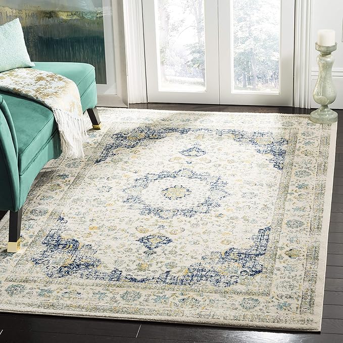 SAFAVIEH Evoke Collection X-Large Area Rug - 11' x 15', Ivory & Blue, Shabby Chic Oriental Medallion Design, Non-Shedding & Easy Care, Ideal for High Traffic Areas in Living Room, Bedroom (EVK220C)