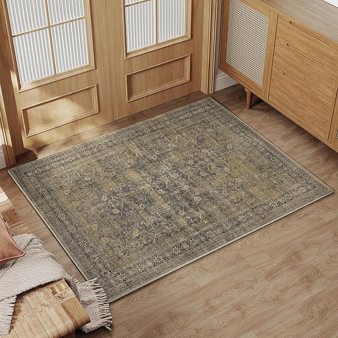 2x3 Brown Black Area Rug Washable Vintage Distressed Carpet Low Pile Entryway Door Mat Non Slip Indoor Soft Small Retro Entrance Throw Accent Rug Kitchen Bathroom Bedroom Dining Living Room