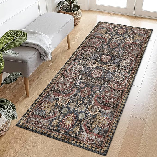 Washable Area Rugs - Perfect for Living Room, Bedroom, Kids Room, Nursery - Stain & Water Resistant Non-Slip, Pet & Child Friendly, Vintage Tribal Area Rugs (Rust, 2'6'' x 8')