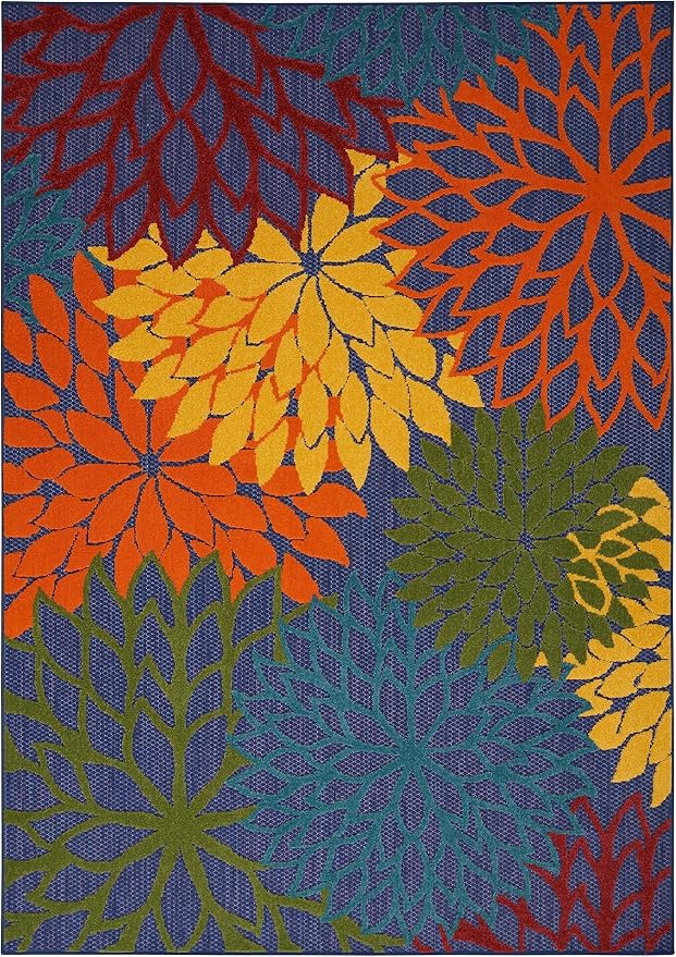 Nourison Aloha Indoor-Outdoor Navy Multicolor 5'3" x 7'5" Area Rug, Easy Cleaning, Non Shedding, Bed Room, Living Room, Dining Room, Backyard, Deck, Patio (5x7)