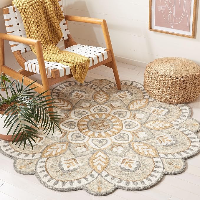 SAFAVIEH Novelty Collection Area Rug - 6' Round, Ivory & Beige, Handmade Wool, Flower Design, Ideal for High Traffic Areas in Living Room, Bedroom, Dining (NOV604A-6R)