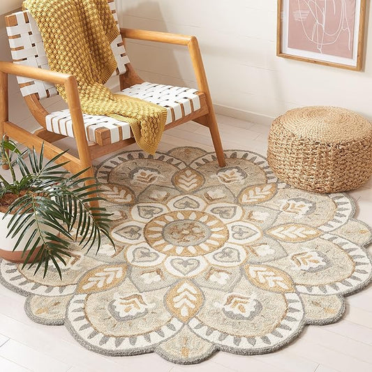 SAFAVIEH Novelty Collection Area Rug - 6' Round, Ivory & Beige, Handmade Wool, Flower Design, Ideal for High Traffic Areas in Living Room, Bedroom, Dining (NOV604A-6R)