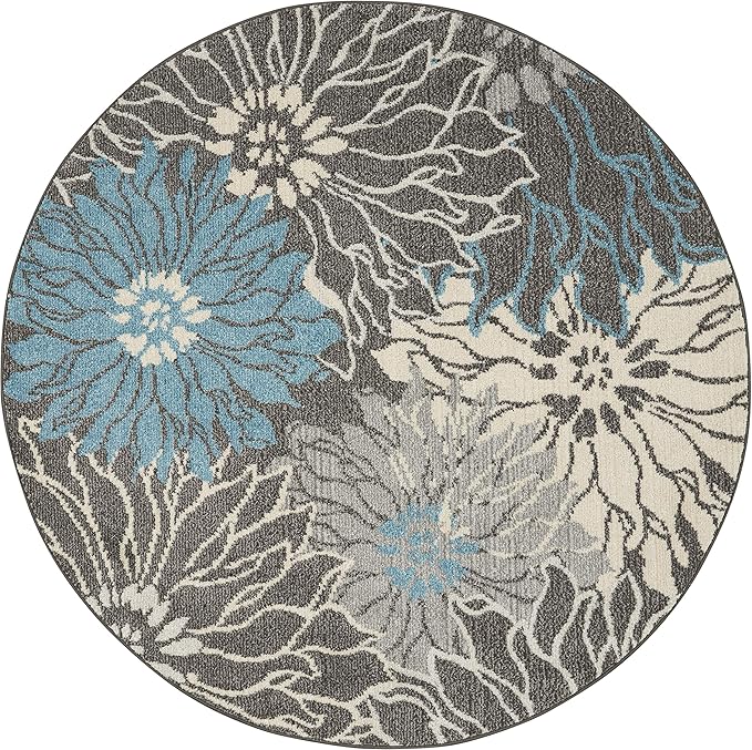 Nourison Passion Charcoal/Blue 4' x Round Area Rug, Floral, Farmhouse, Easy Cleaning, Non Shedding, Bed Room, Living Room, Dining Room, Kitchen, (4' Round)