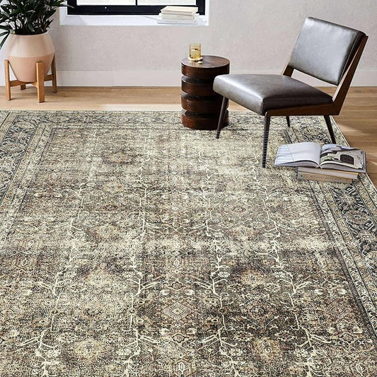 Vintage Area Rug 3x5 Brown Entryway Office Washable Carpet Non Slip Bedroom Indoor Living Room Door Mat Low Pile Traditional Distressed Retro Accent Rug for Dining Room Bathroom Kitchen