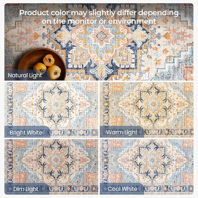 Washable Area Rugs 9x12 Living Room Boho Non Slip Thin Carpet Stain Resistant Vintage Multicolor Printed Oriental Foldable Distressed Rug for Bedroom Indoor House
