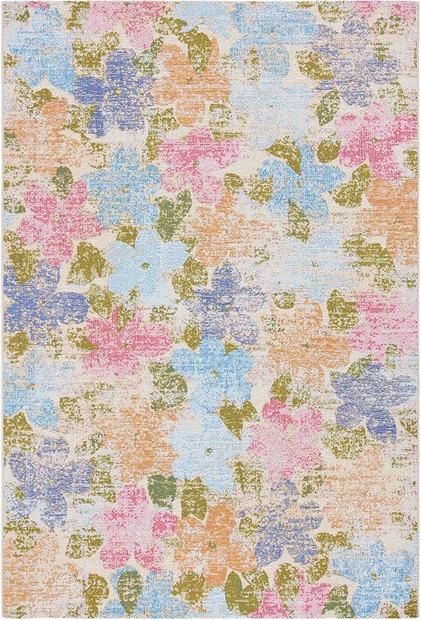 SAFAVIEH Summer Collection 5'3" x 7'6" Blue/Pink SMR410M Boho Indoor/-Outdoor Non-Shedding Easy-Cleaning Patio Backyard Porch Deck Mudroom Area-Rug
