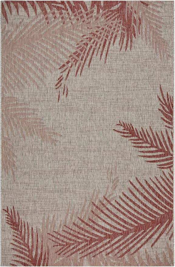 LR Home 5 x 7 Indoor/Outdoor Area Rug for Home Decor | Coastal Palm Leaf Carpet for Living Room, Bedroom, playroom, Patio, Garden | Modern Farmhouse Rug | Red/Beige