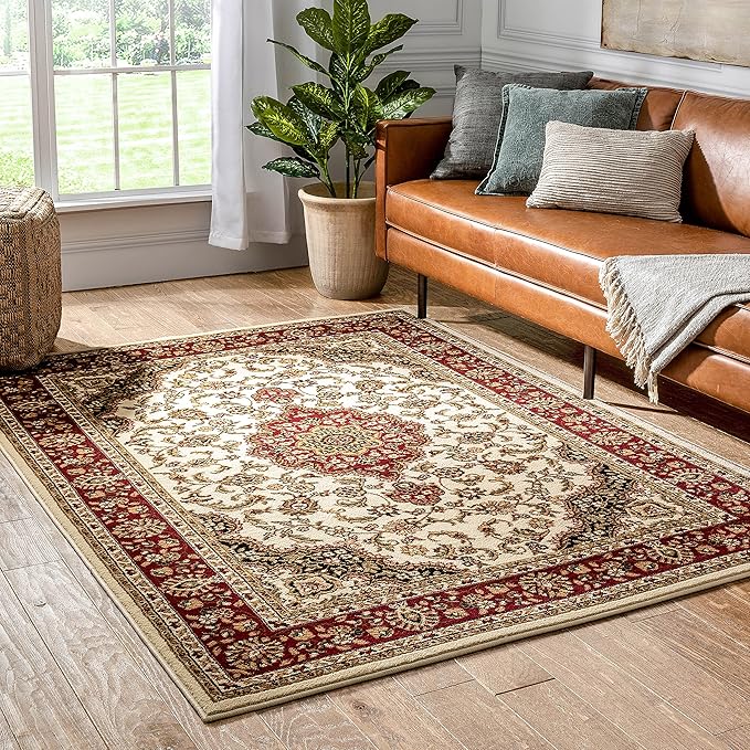 Well Woven Barclay Collection Medallion Kashan Ivory 5x7 Area Rug - for Living Room, Bedroom, and Dining Room