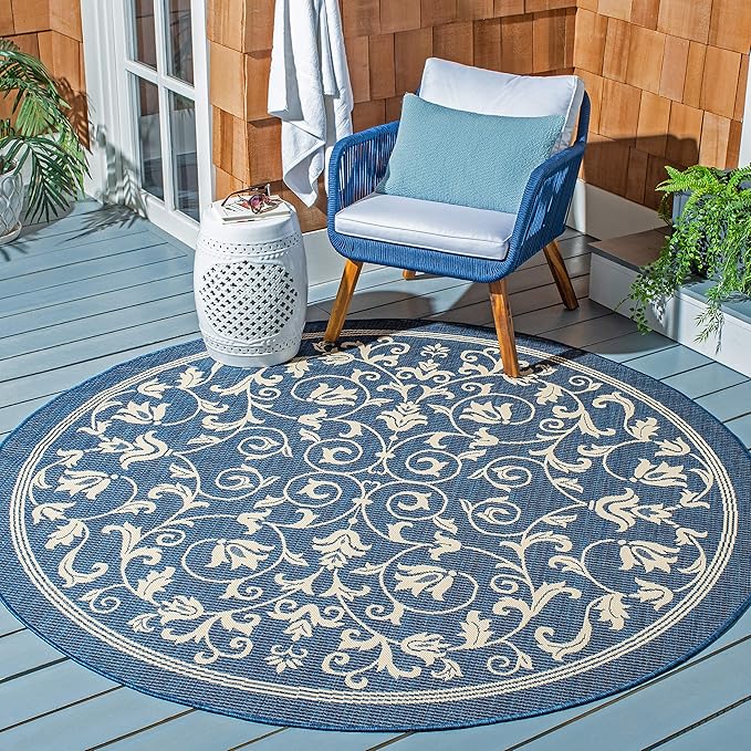SAFAVIEH Courtyard Collection 5'3" Round Navy/Beige CY2098 Scroll Indoor/ Outdoor--Waterproof Easy--Cleaning Patio Backyard Mudroom Area--Rug