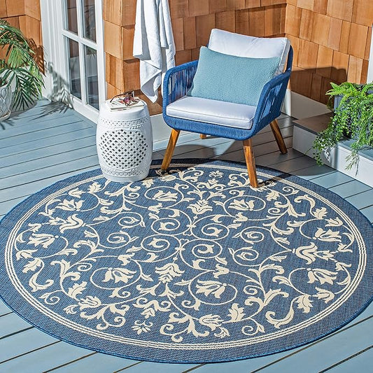 SAFAVIEH Courtyard Collection 4' Round Navy/Beige CY2098 Scroll Indoor/ Outdoor Waterproof Easy Cleaning Patio Backyard Mudroom Area Rug