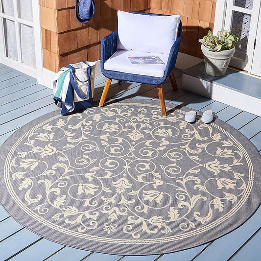 SAFAVIEH Courtyard Collection Area Rug - 7'1 Round, Grey & Natural, Scroll Design, Non-Shedding & Easy Care, Indoor/Outdoor & Washable-Ideal for Patio, Backyard, Mudroom (CY2098-3606)