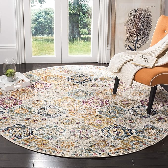 SAFAVIEH Madison Collection 11' Round Cream / Multi MAD611B Boho Chic Floral Medallion Trellis Distressed Non-Shedding Dining Room Entryway Foyer Living Room Bedroom Area Rug