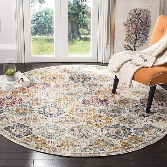 SAFAVIEH Madison Collection 11' Round Cream / Multi MAD611B Boho Chic Floral Medallion Trellis Distressed Non-Shedding Dining Room Entryway Foyer Living Room Bedroom Area Rug